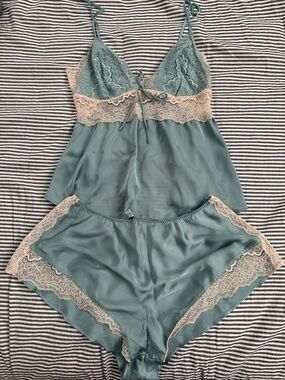 Victoria's Secret Sage Green Cami & Shorts Sleep Set with Cream Lace